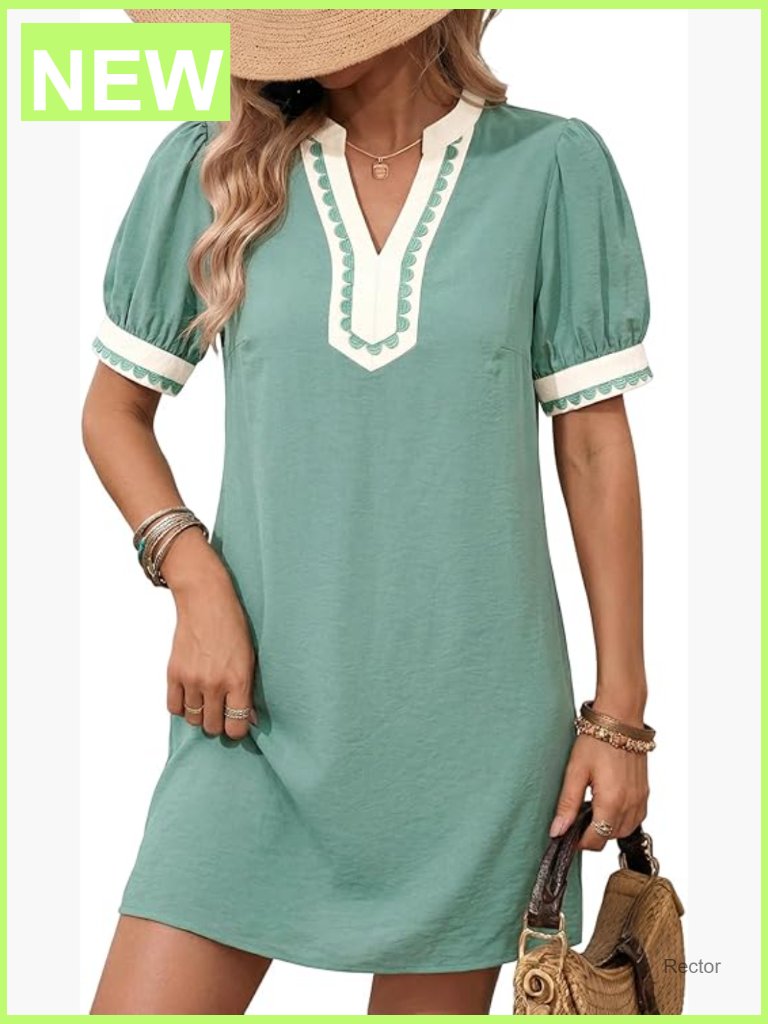 Boho Floral Puff Short Sleeve V Neck Trim Casual Mini Sundress